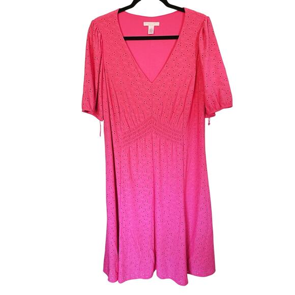 London Times Pink V-Neck Fit & Flare Dress Flowy Smocked Waist 1X Coquette Date - Picture 4 of 8